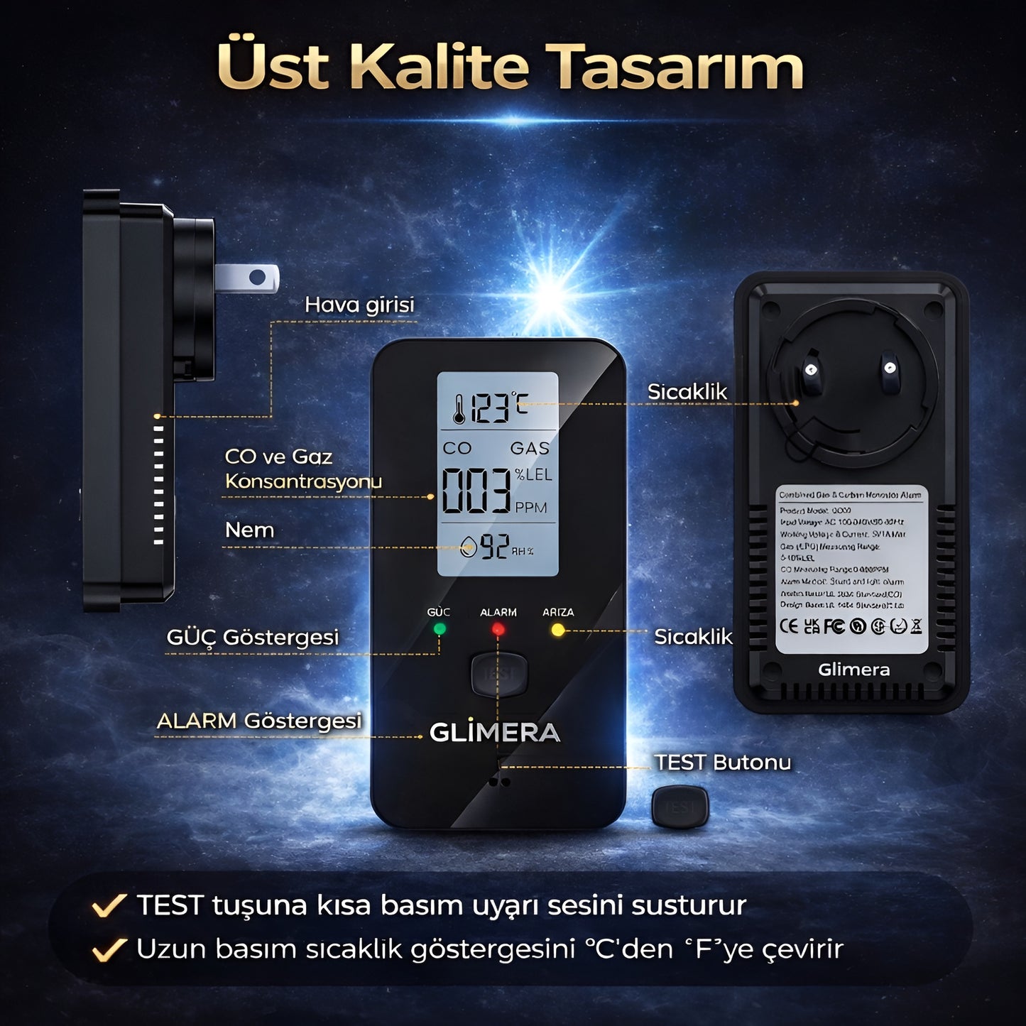 Glimera™ 4’ü 1 Arada CO ve Gaz Kaçağı Dedektörü (Sıcaklık & Nem Göstergeli)