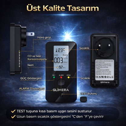 Glimera™ 4’ü 1 Arada CO ve Gaz Kaçağı Dedektörü (Sıcaklık & Nem Göstergeli)