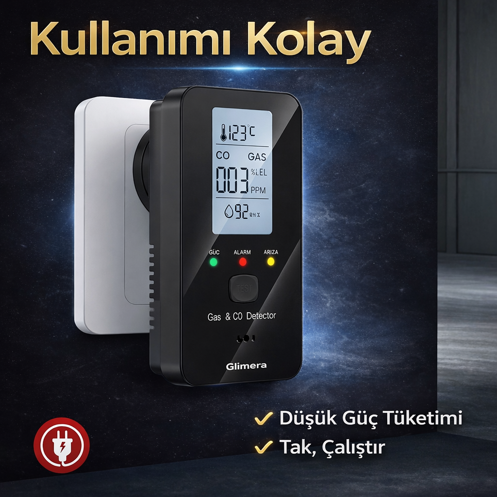 Glimera™ 4’ü 1 Arada CO ve Gaz Kaçağı Dedektörü (Sıcaklık & Nem Göstergeli)