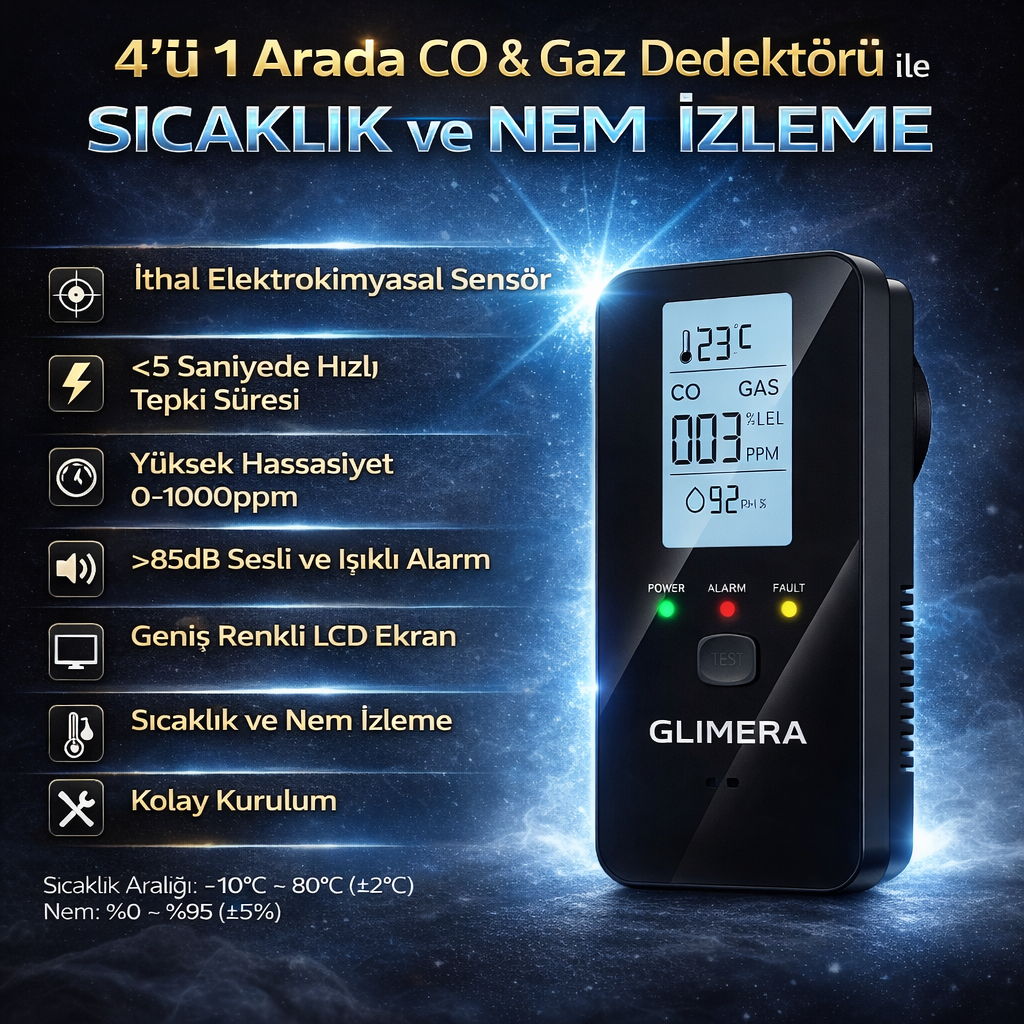 Glimera™ 4’ü 1 Arada CO ve Gaz Kaçağı Dedektörü (Sıcaklık & Nem Göstergeli)
